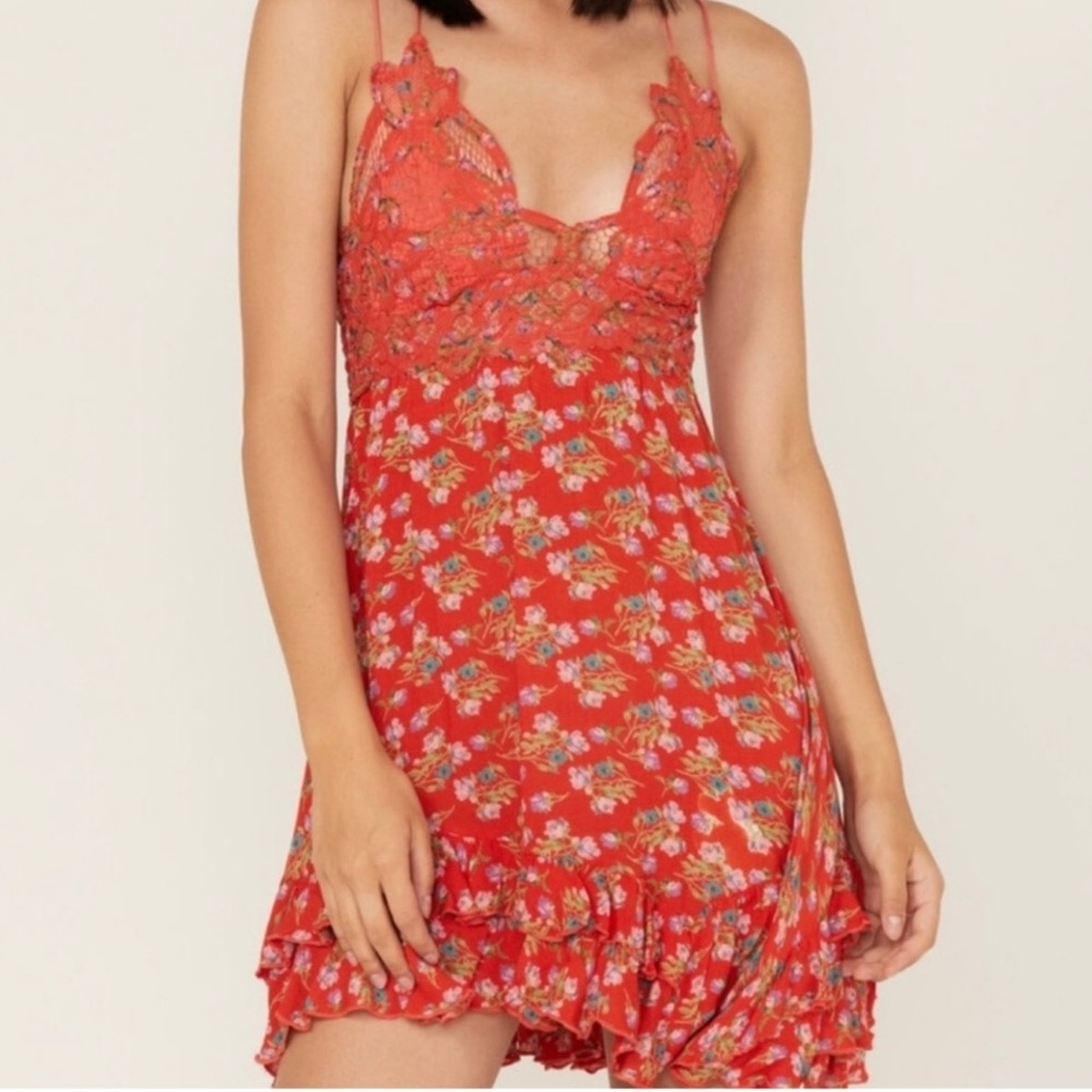 Free People FP One Adella Floral Lace Slip Dress Small Red Boho Mini